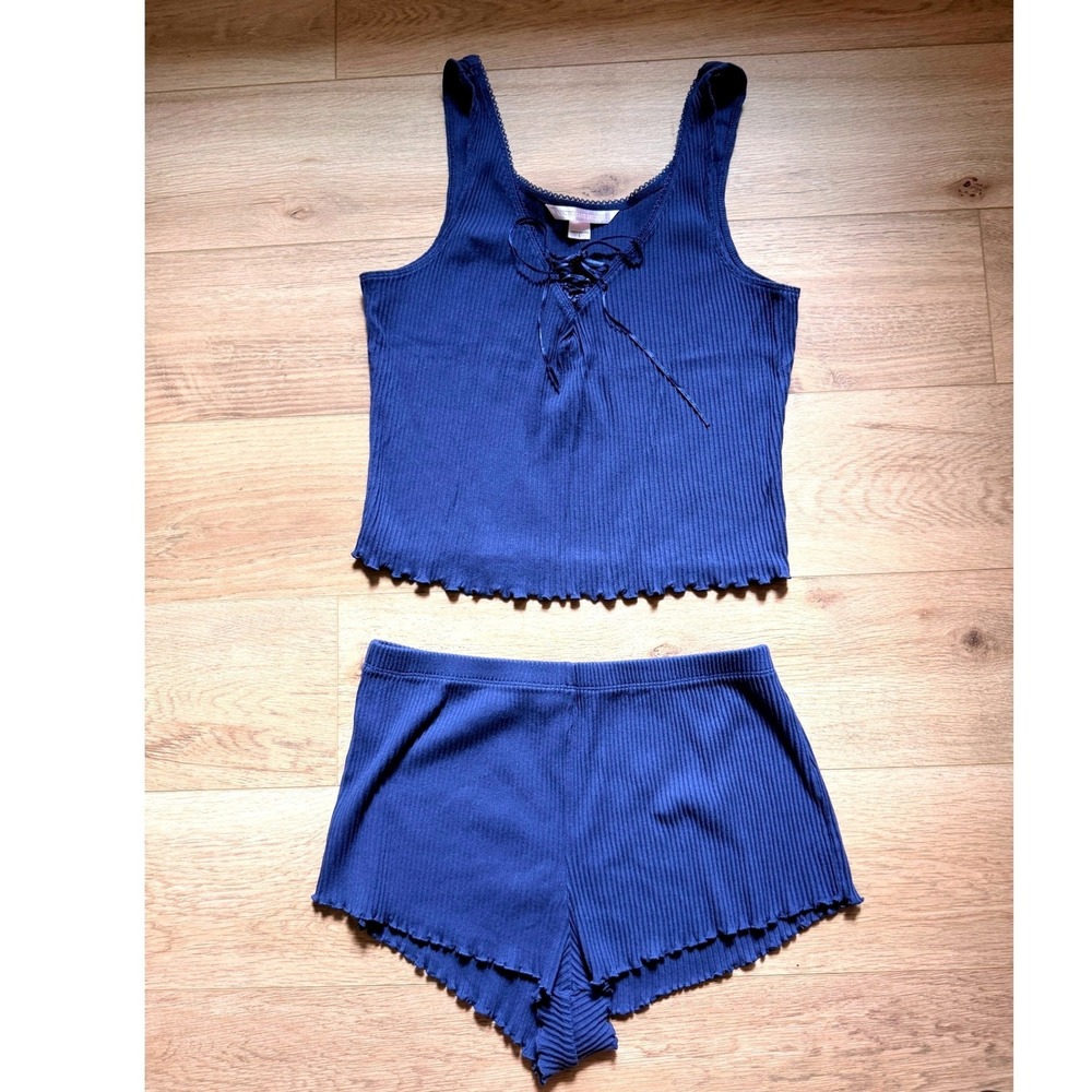 Vintage Victorias Secret Y2K Ribbed Lace Up Pajama Set Navy blue